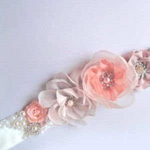 Bridal Wedding Sash Belt White-Salmon-Ivory New